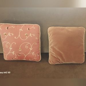 TWO BEAUTIFUL FLORAL PATTERNED PILLOWS WITH GOLD TWISTED LIP CORD TRIM